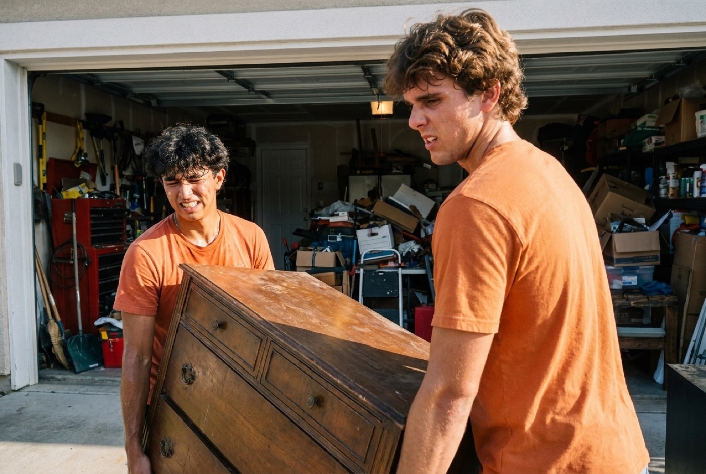 The Haul Boys carrying an old dresser out of a garage